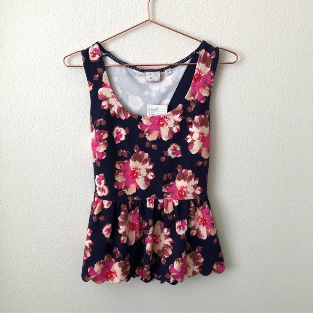 Anthropologie Navy Floral Peplum Tank Top - Pink & Cream Flowers